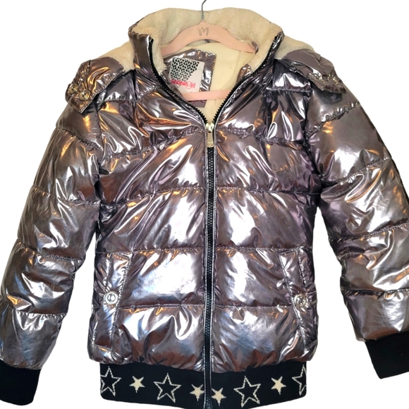 Kensie Girl Pewter Metallic Sherpa-Lined Puffer Jacket Girls size 7/8 - Picture 8 of 16